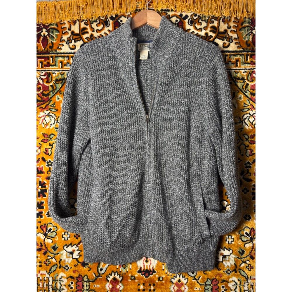 L.L. Bean Waffle Knit Gray 100% Organic Cotton Full Zip Sweater Men's sz M